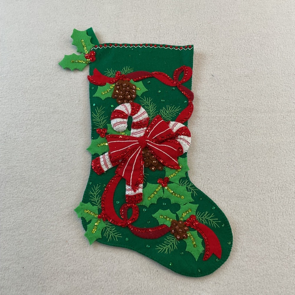 Handmade Felt Christmas Stocking Green Sequin Candy Cane Holly Pinecone
